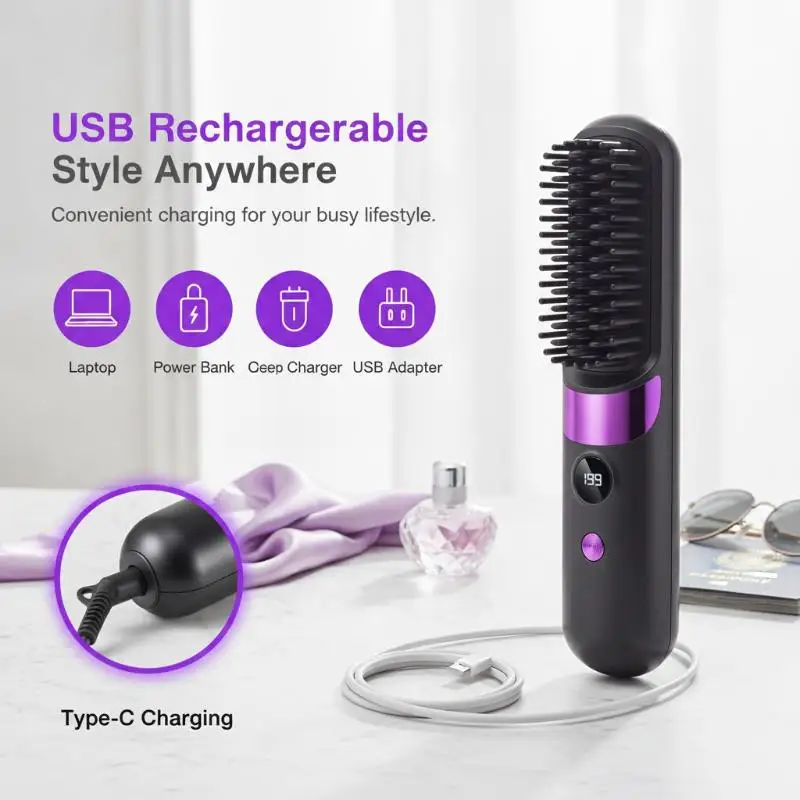 Mini Hair Straightener Brush for Short Long Hair Cordless LCD Display USB Charging Home Travel Use