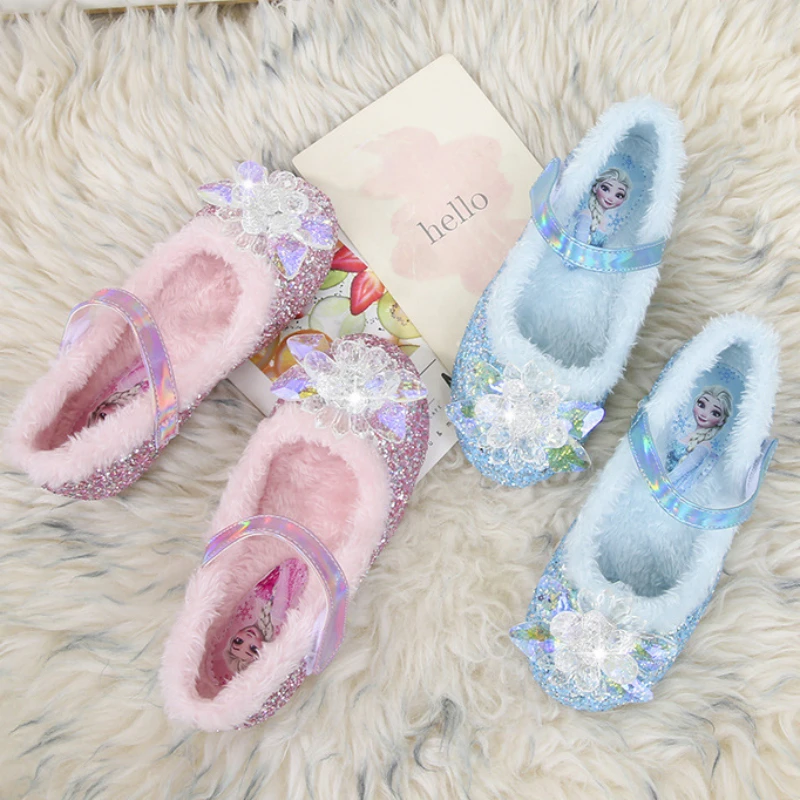 Disney Girls\' Plush Slippers Frozen Cute Children\'s Princess Elsa Winter Cotton Slippers Baby Snow Home Pink Blue Shoes Size 23