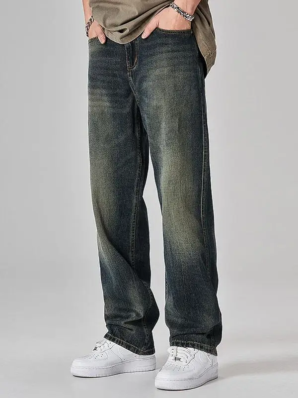 Retro Waed Loose Straight Leg Men's Jeans Spring Autumn New Sle American High Street Trend Brand Casual Long Pants