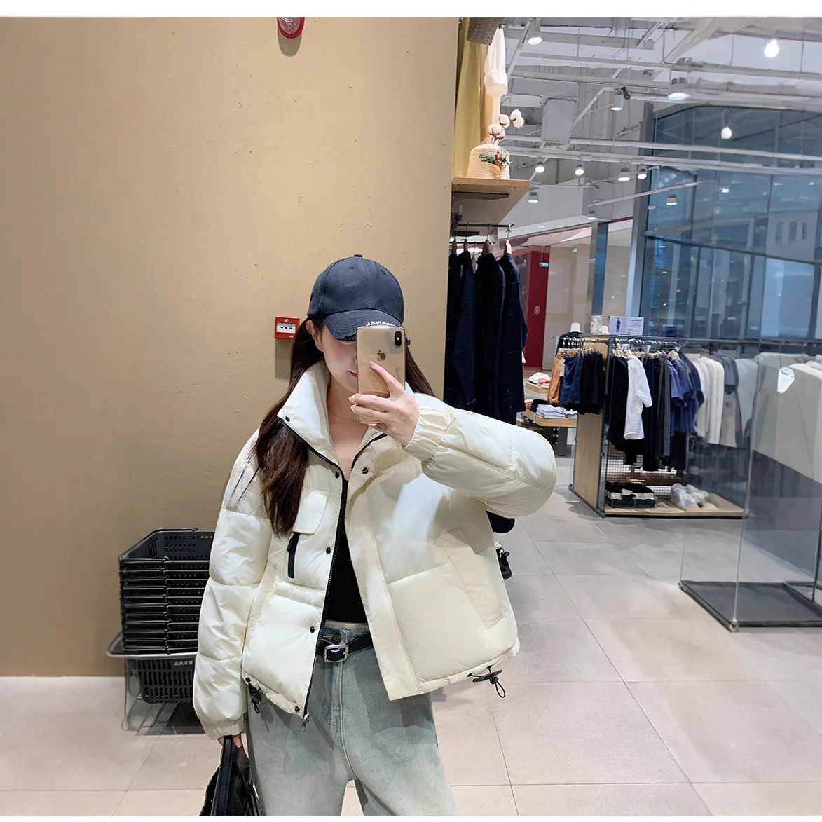 Women Oversize Parkas Jacket Short Coats Solid Drawstring Hem Stand Collar Zipper Thick Straight Office Lady Casual 2025 Winter