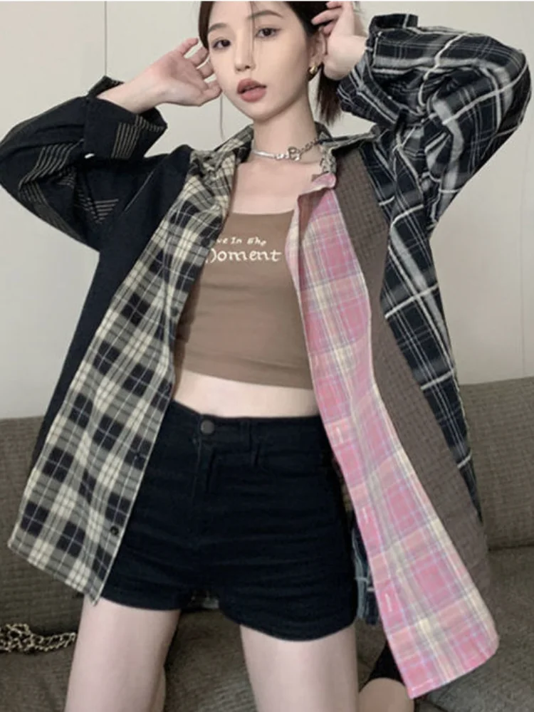 

ADAgirl Vintage Oversized Shirt Women Casual Plaid Patchwork Korean Fashion Long Sleeve Blouse Harajuku Streetwear Female Tops