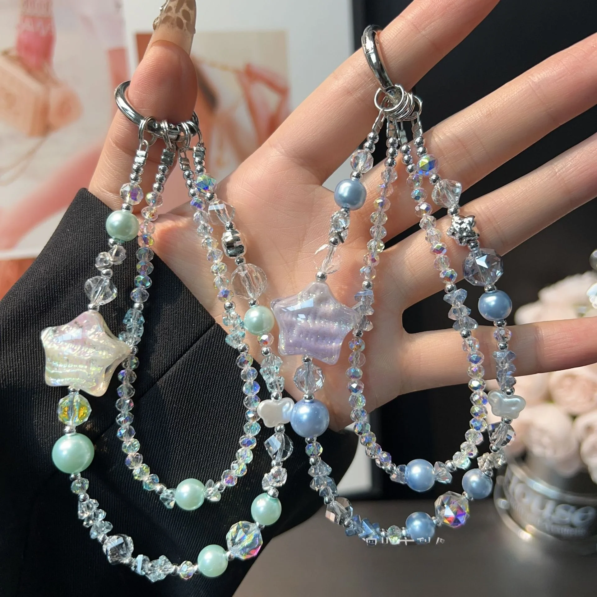 Y2K Dreamy Shimmer Star Crystal Phone Lanyard, Iridescent AB Crystal Pearl Beaded Bag Charm Cute Keychain Fashion Gift for Women
