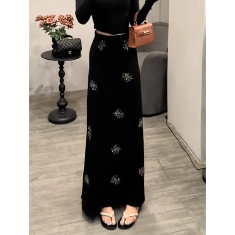 

Bla A-Line Skirt Women's Slimming Long Draped f Skirt Autumn New Design Sensation Rhinestone Casual Polyester Fiber
