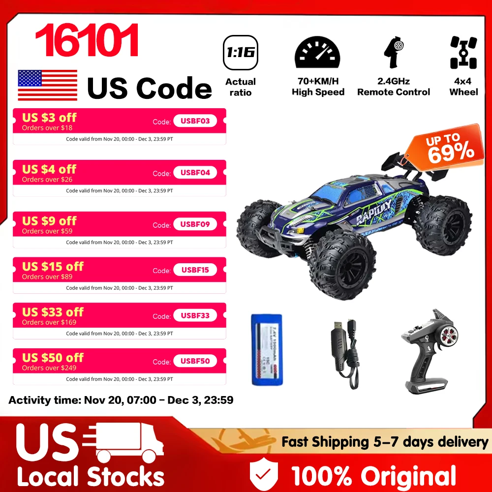 

1:16 4WD 70+KM/H High Speed RC Car with Box All Terrain Application 2.4G Remote Control Car with LED Dirt Bike Toys for Children
