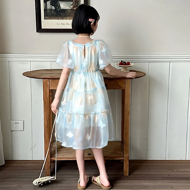 2025 New Brand Girls' Dress Bow Summer Children's Short sleeved Party Princess Dress Rainbow Baby Cake skirt