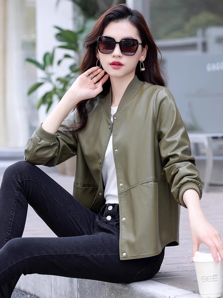 New Women Casual Leather Jacket Spring Autumn Fashion Patchwork V-Neck Single Breasted Loose Short Outerwear Split Leather