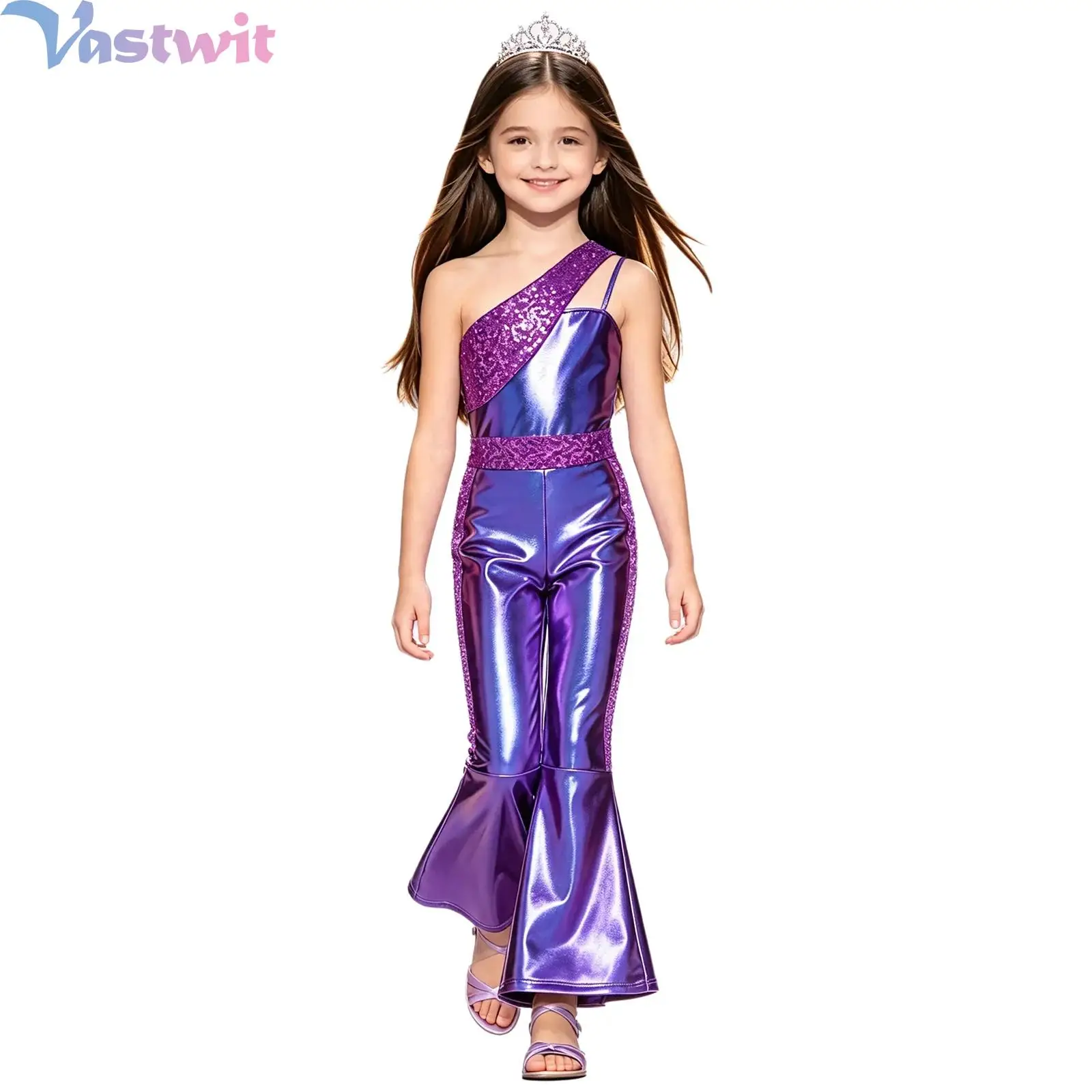 Kids Girls Metallic Shiny Party Rompers Disco Costume Sequins Details One Shoulder Sleeveless Bell Bottom Asymmetrical Jumpsuit