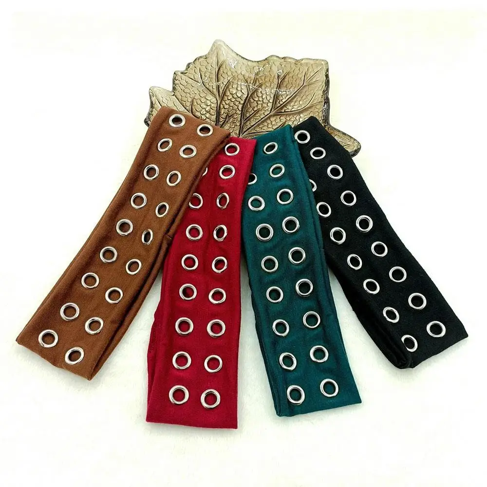 

Hollowed Out Eyelets Headband Rivets Stretchy Hairband Fabric With Metal Eyelet Turban Headwrap High Elastic Wide Hair Band