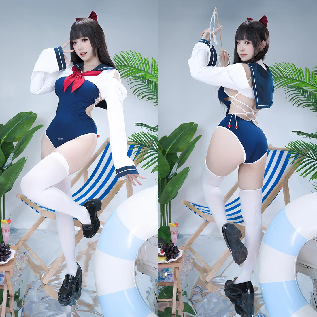 

2025 DirtyTech японский сине-белый облегающий купальник, матросский костюм, милый аниме Jk, костюм из двух предметов в студенческом стиле с высокими штанинами