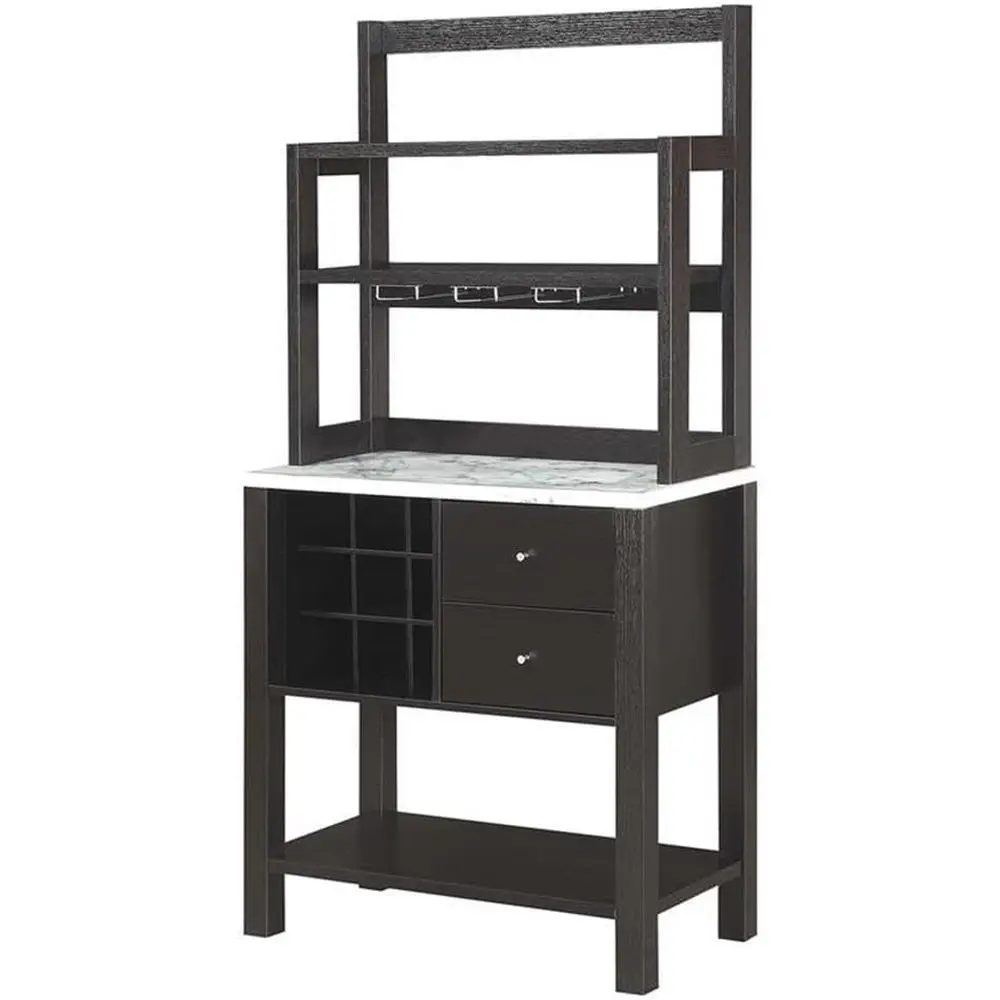 White Marble Finish Multi-Function Home Wine Bar Cabinet with Glass Rack and Storage