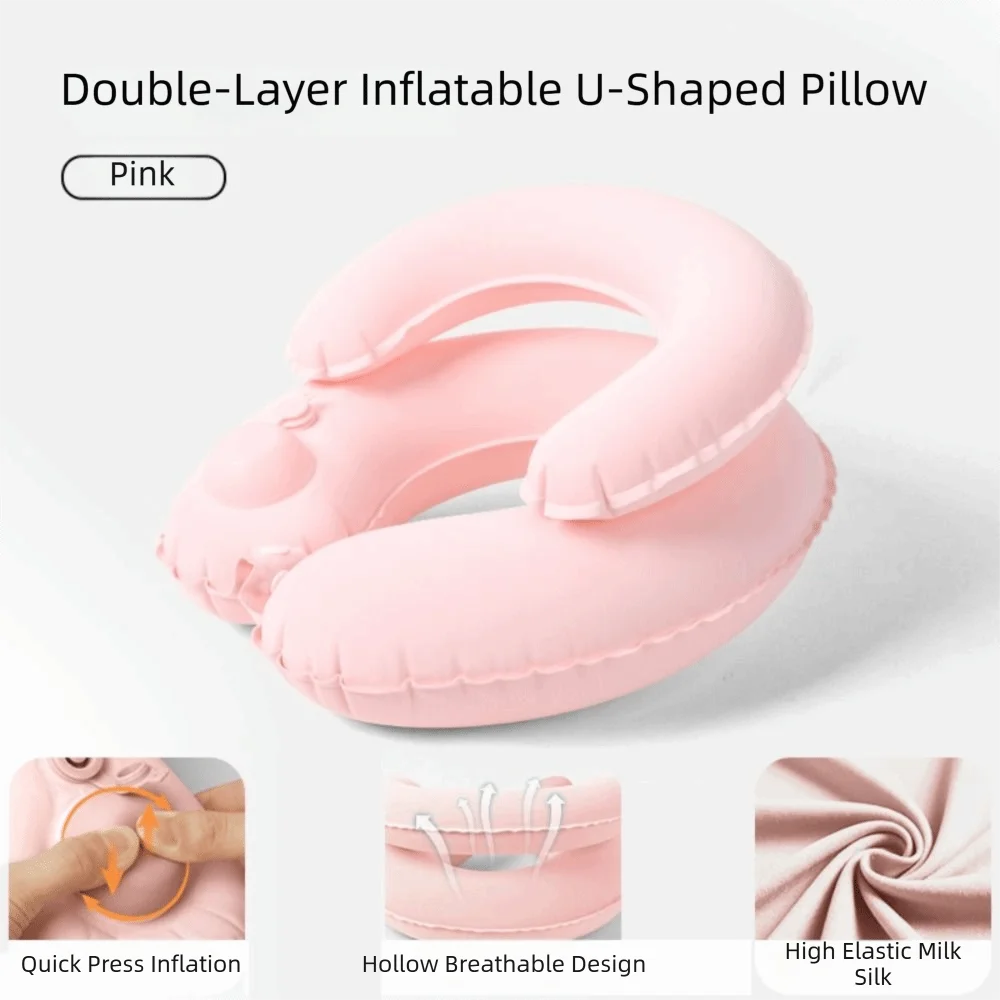 Portable Inflatable Pillow Soft Flocking Press Type Cervical Support Cushion Double Layer Comfortable Travel Neck Pillow
