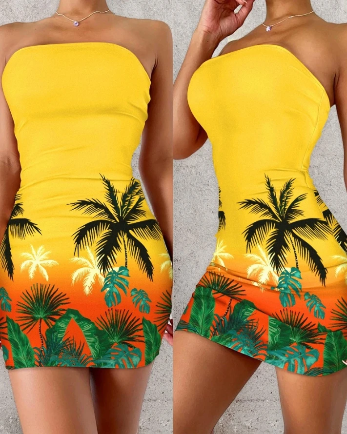 

Sexy Elegant Dresses for Women Ombre Tropical Print Bandeau Bodycon Dress New Fashion 2024 Summer Casual Female Clothing Outfits