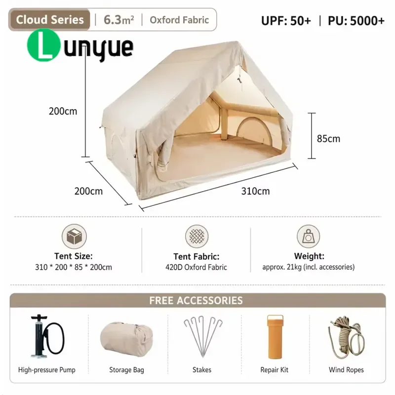 Inflatable Camping Tent Waterproof Spacious Easy Setup Luxury Shelter for Mountain Outdoor Glamping Elegant Style Large Space