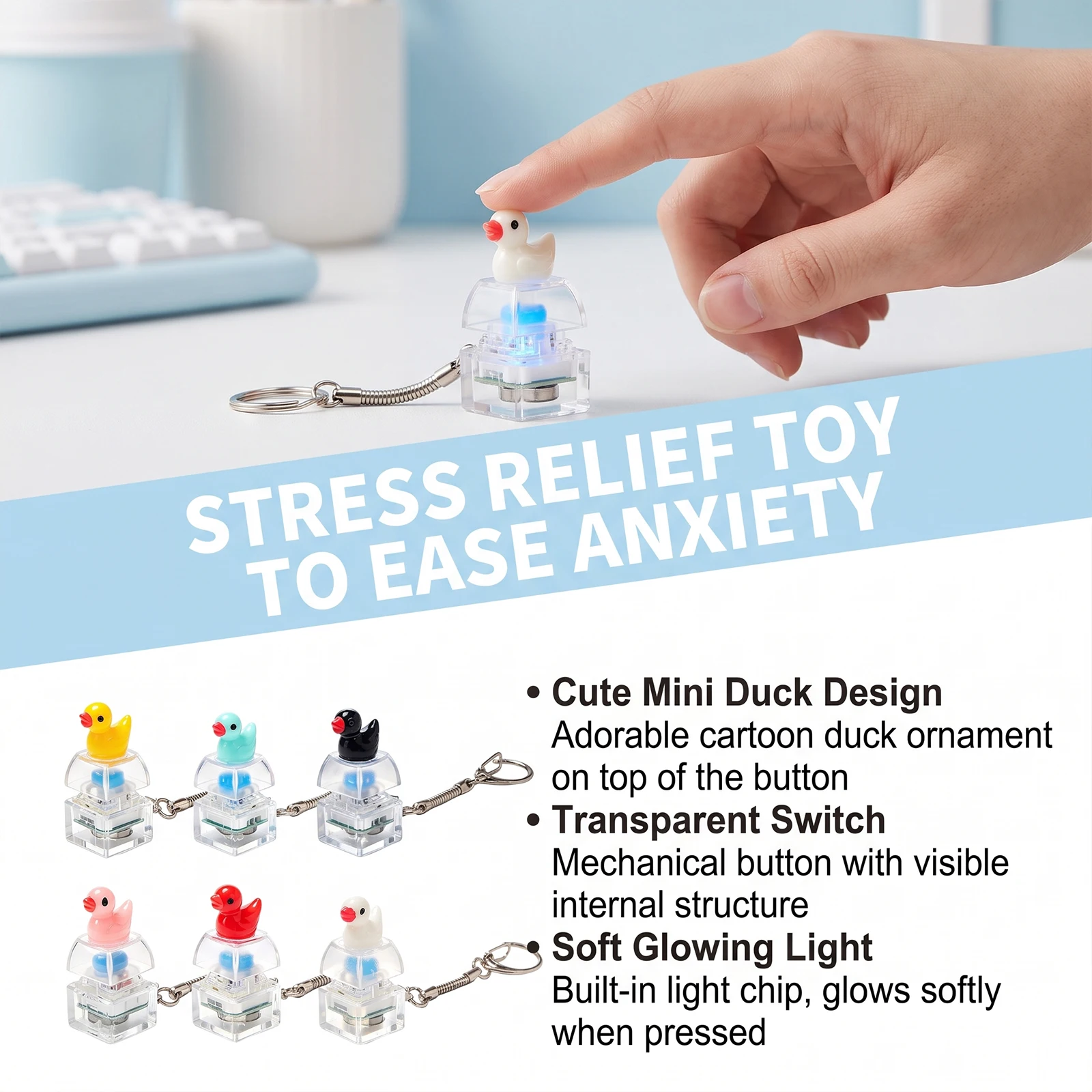 Duck Fidget Button Keychain Cute Stress Relief Keyring Clear Shell Pressable Button Fidget Toy Bag Pendant Key Accessories Gift