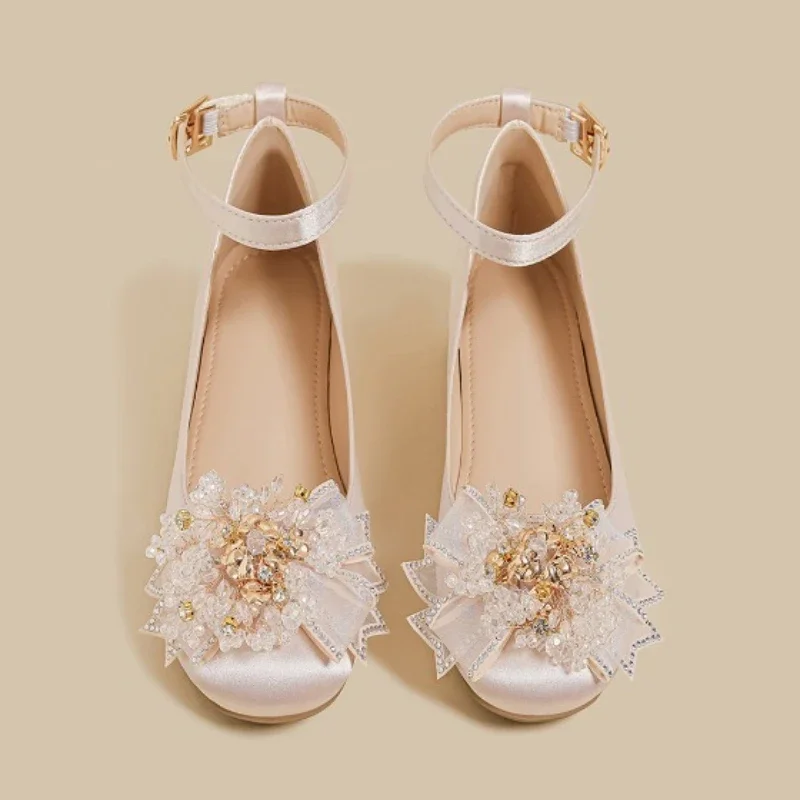 

Luxury Rhinestone Bow Knot Decorate Mary Jane Shoes Fashion String Bead Designer Footwear Sweet Ankle Strap Buckle Lolita Shoes