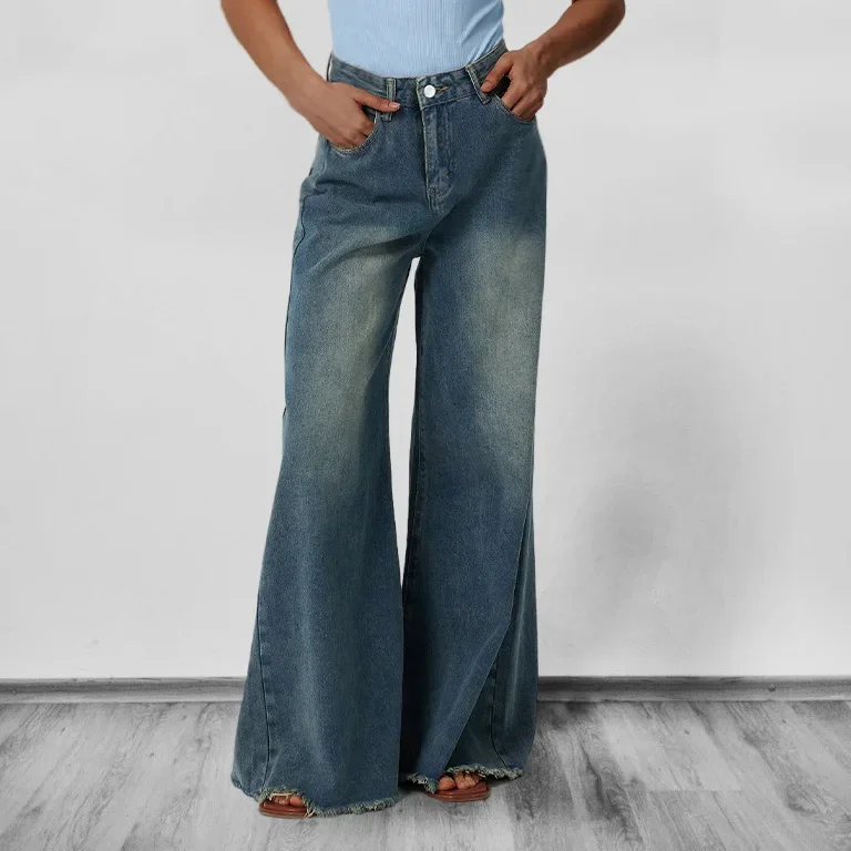 

Denim Wide Leg Pants Women Vintage Jeans Washed High Waist Distressed Straight Trousers 2025 Female Streetwear Floor Length