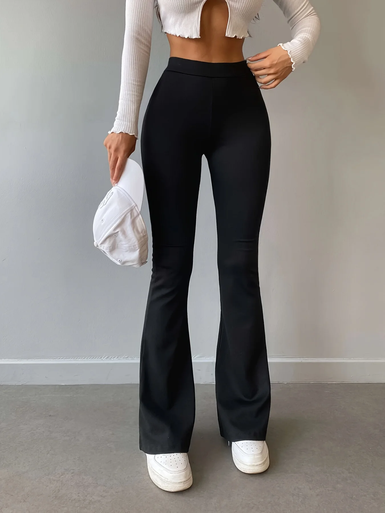 Nuovi Pantaloni Neri da Donna a Vita Alta Svasati, Elasticizzati in Quattro Direzioni, Antipiega, Design Frontale Piatto, Stile Streetwear Casual - Collezione 2026