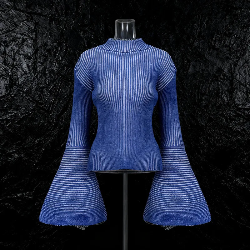 EAEOVNI Fashion Design maglione lavorato a maglia O collo manica svasata a righe streetwear camicetta top casual 2026 autunno inverno nuovi vestiti