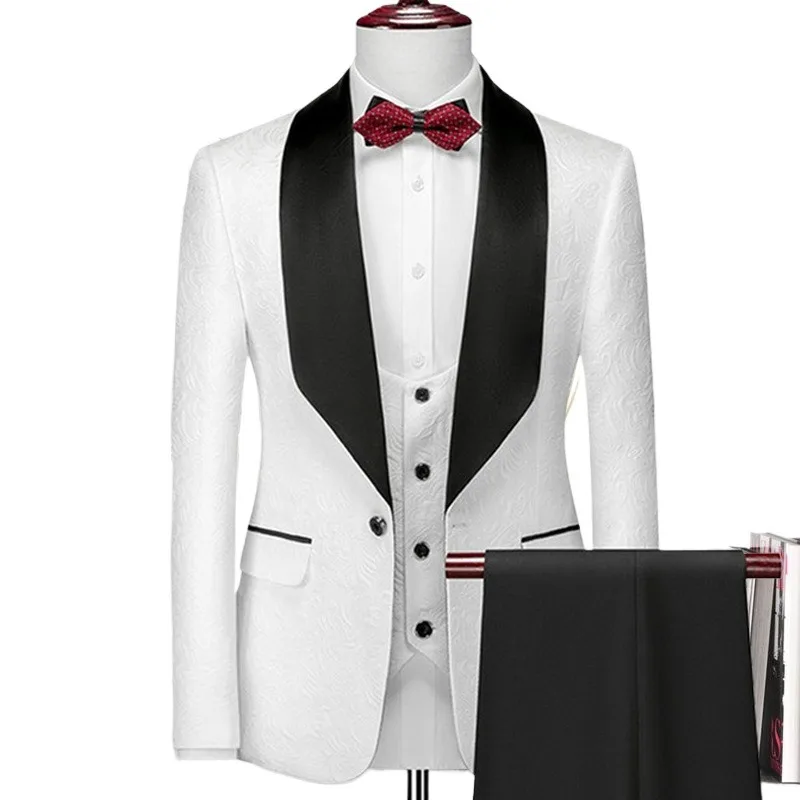 

Мужские свадебные костюмы Thorndike, белый жаккардовый смокинг с черным атласным воротником, 3 предмета, мужские термокостюмы для жениха (куртка + жилет + брюки)