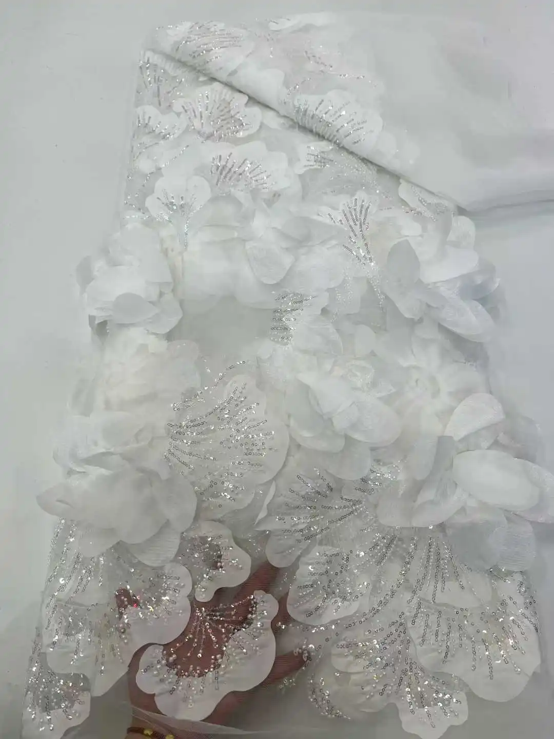 Afrikaanse 3D bloem kralen kant stof 2025, hoge kwaliteit Franse Nigeriaanse pailletten borduurwerk tule stof voor trouwjurk naaien