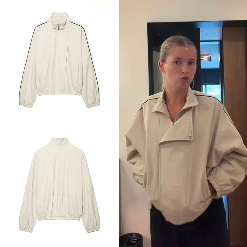 Guobioziy 2026 Autumn Women Stand Collar Cropped Jacket Diagonal Placket Side Strip Loose Elastic Cuff Casual Outerwear