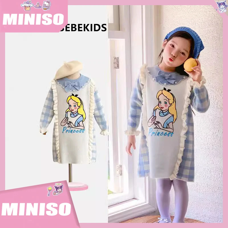 2024 neue Herbst Cartoon Prinzessin Elisa Spitze Grid Gestrickte Casual Täglichen Reise Herbst Ausflug Nette Mädchen Kleid Weihnachten Geschenk