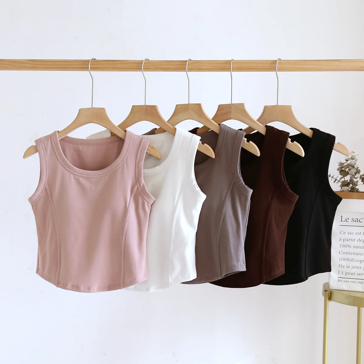 Women's Camisole Solid Color with Padded Bust Arc Patchwork Base Layer Tops Slim Undershirts Cotton Tank Outwear C5726