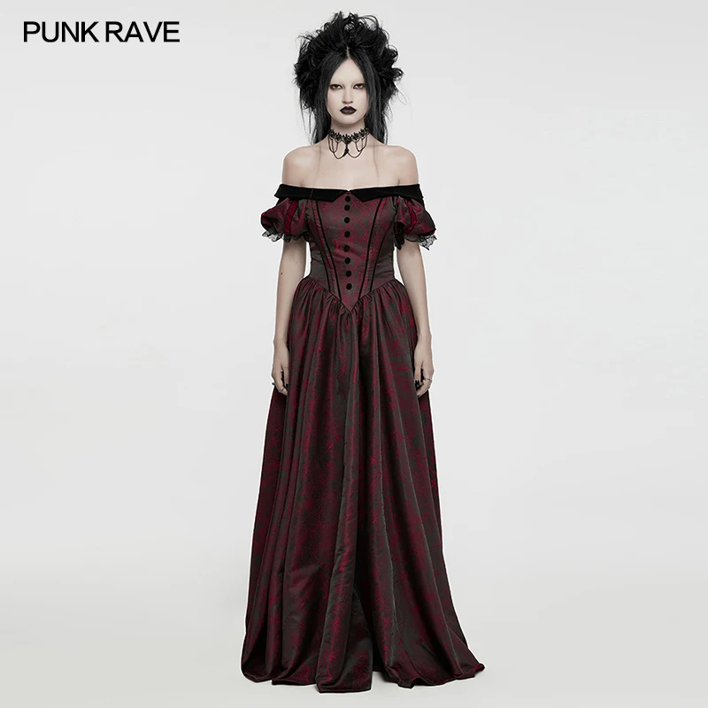 PUNK RAVE Women's Gothic U-shaped Retro Large Collar Formal Dress Exquisite 3D Button Party Dresses Two Colors Available