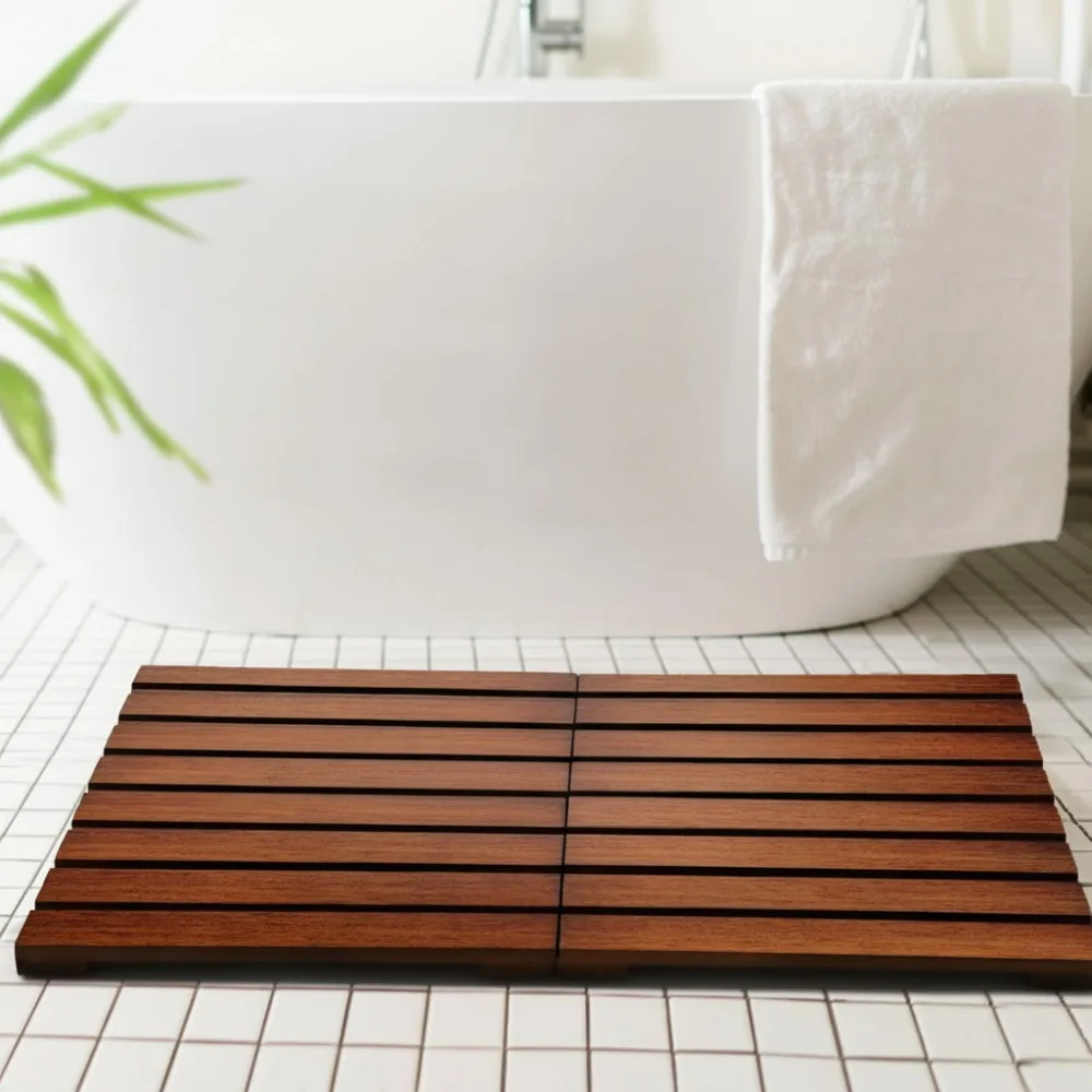 

Foldable Teak Shower Mat with Non-Slip Rubber Feet, Water-Resistant Wood Bath Mat for Home Spa Pool Use