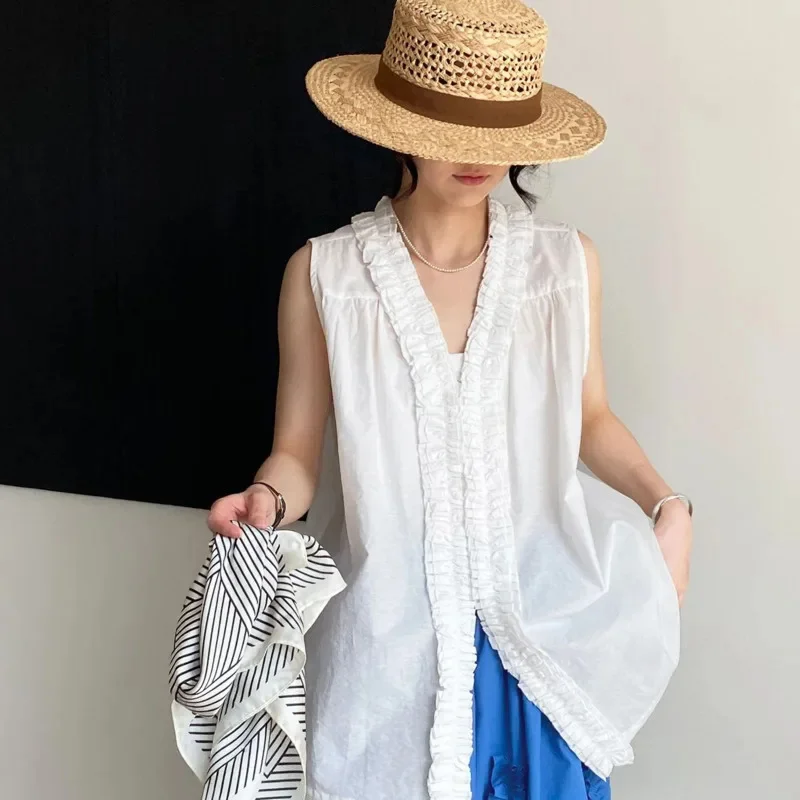 

Reversible V Neck Sleeveless Knit Top Korean Lettuce Edge Blue One Size Mid Length Casual Summer Layering Blouse For Women Chic