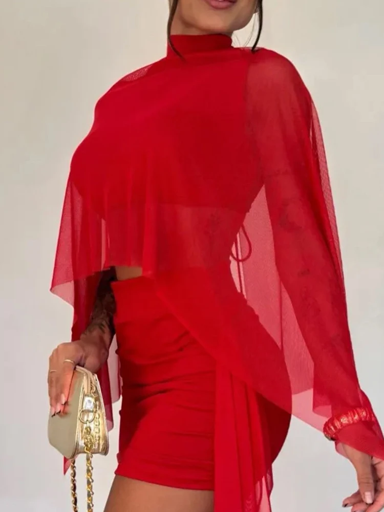 

Весенний новый комплект: юбка с завышенной талией и эффектом облегания бедер, модный тонкий прозрачный топ из сетки и мини-юбка. Элегантный однотонный наряд для вечеринок.