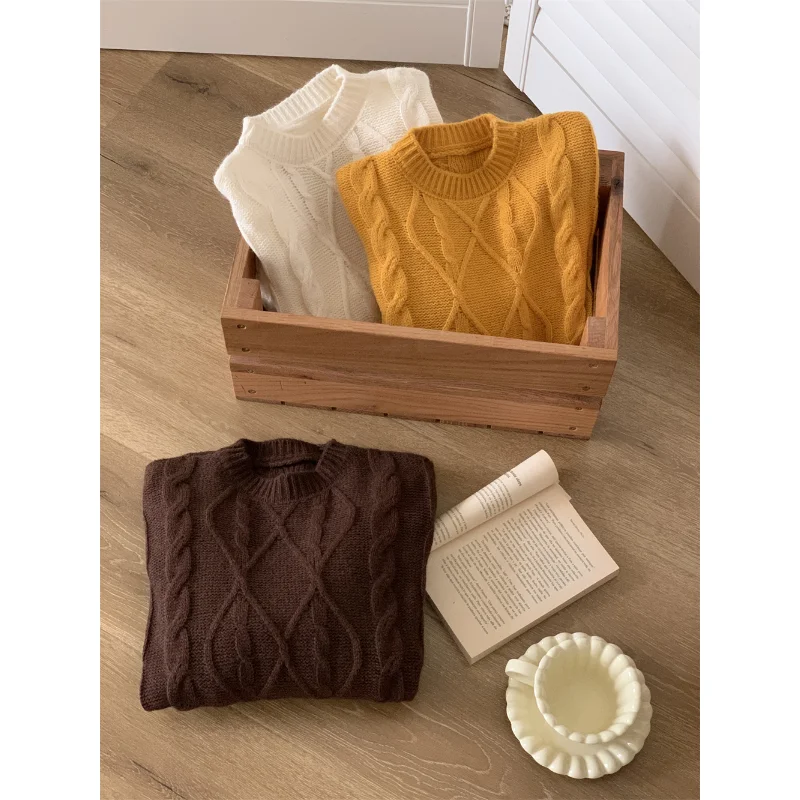 เสื้อสเวตเตอร์ถักแบบลำลอง ทรงกลม ดีไซน์เรียบง่าย ผ้าขนสัตว์หวีอย่างดี ลายคลื่นหลวมๆ สไตล์สบายๆ