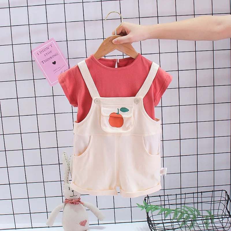 Summer Girl Clothes Set Short Sleeve T-shirt+Suspender Pant 2Pcs Suit Kid Boy Outfit Unisex Baby Set Casual Outer Costume A512