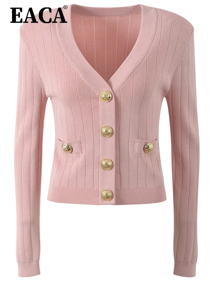 

EACA Minimalist Socialite Light Luxury Metal Buckle V-neck 2024 Spring/summer New Women's Temperament Versatile Slim Fit Knit