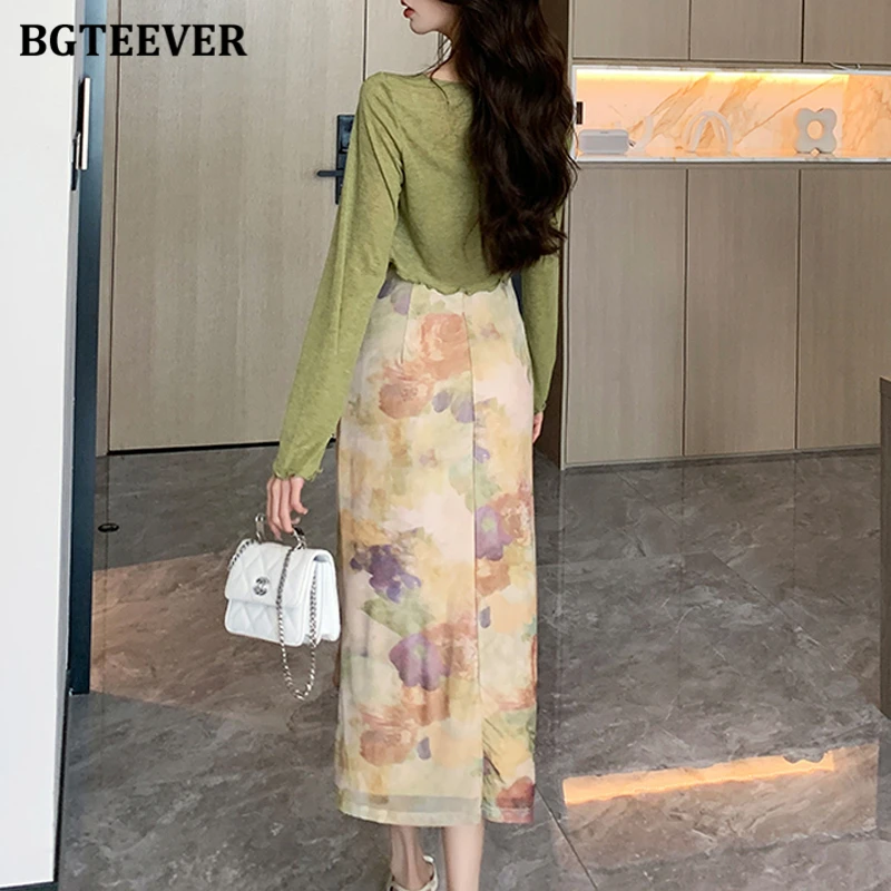 BGTEEVER Spring Summer Ladies 2 Pieces Dress Set Long Sleeve Shawl Cardigans & Floral Printed Sleeveless Package Hip Dress