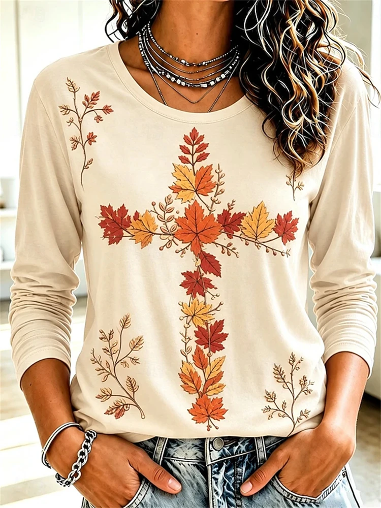 Fall Women's Long-Sleeve T-Shirt: Simple and Casual Floral Print Botanical Motifs Round Neck An Elegant and Stylish Women's Top