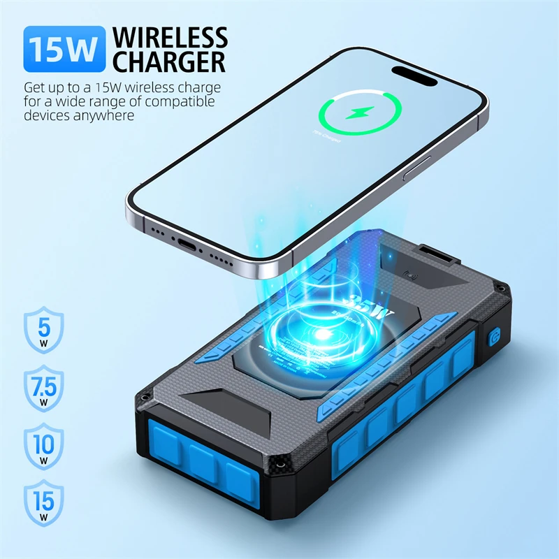 Solar Power Bank PD35W Super Fast Charging 15W Wireless For iPhone 17 Samsung External Battery Camping Light Waterproof 20000mAh
