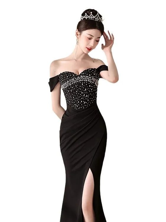 

Сексуальное облегающее вечернее платье с запахом и бриллиантами на бретельках, расшитое бисером, длинная юбка из синтетического волокна с высокой талией