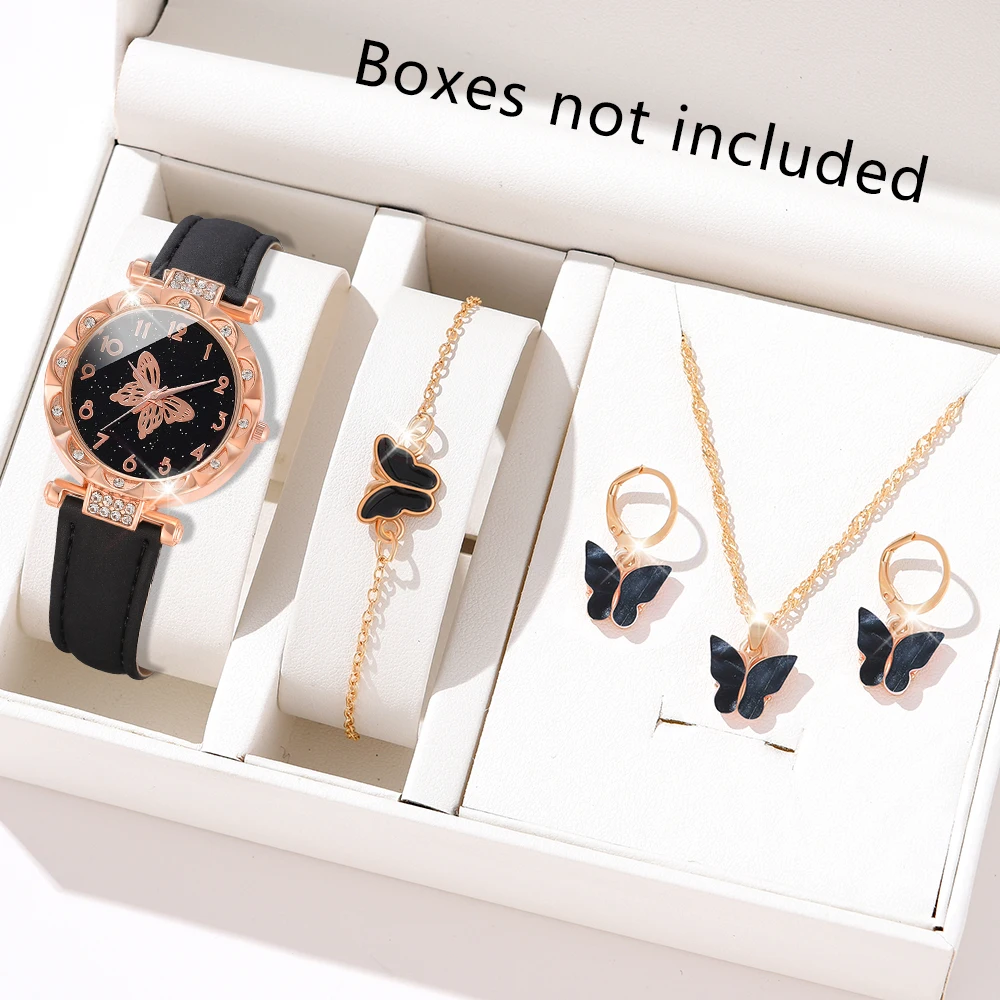 6PCS/Set Black Women Watch Fashionable Starry Sky Elements Dial Quartz Wristwatch Leather Strap Watch Jewelry Set Gift For Her