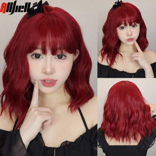 Pelucas onduladas y rizadas cortas con flequillo, peluca sintética colorida de color rojo intenso, pelo de Cosplay para mujer, pelos de fiesta de Halloween de alta temperatura