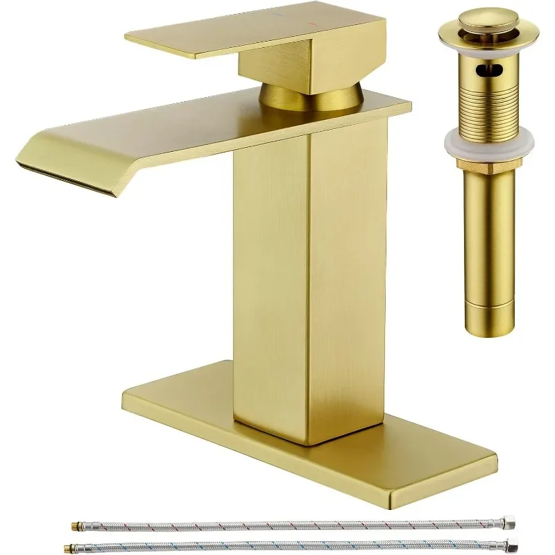 Brushed Gold Bathroom Faucet 1 Hole,Gold Waterfall Bathroom Faucet Single Handle Bathroom Sink Faucet with Drain Stopper