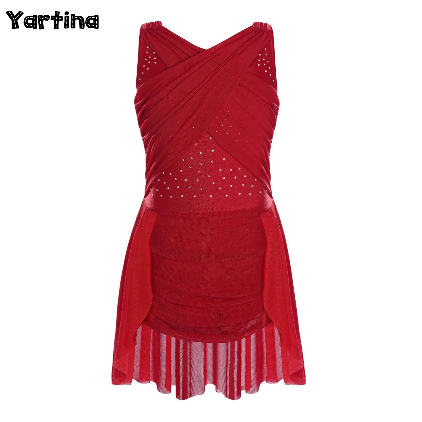 

Детские балетные трикотажные изделия с блестящими стразами для девочек, накладные платья для лирических танцев, гимнастические трико, костюм для фигурного катания