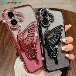 Luxury 3D Butterfly Case for iPhone 17 Air 16 15 13 12 11 14 Pro Max Plus Bling Diamond Glitter Plating Soft Back Cover Funda