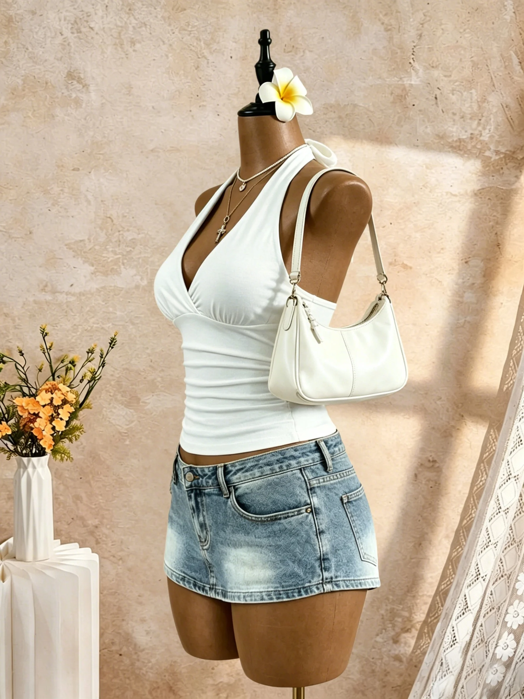 Damen Neckholder-Top mit tiefem V-Ausschnitt, Wickeloptik, seitlich geraffter Taille, ärmellos, kurz geschnitten, einfarbig weiß, schmal geschnitten, für Sommer, Strandurlaub, Freizeit – Detail 6