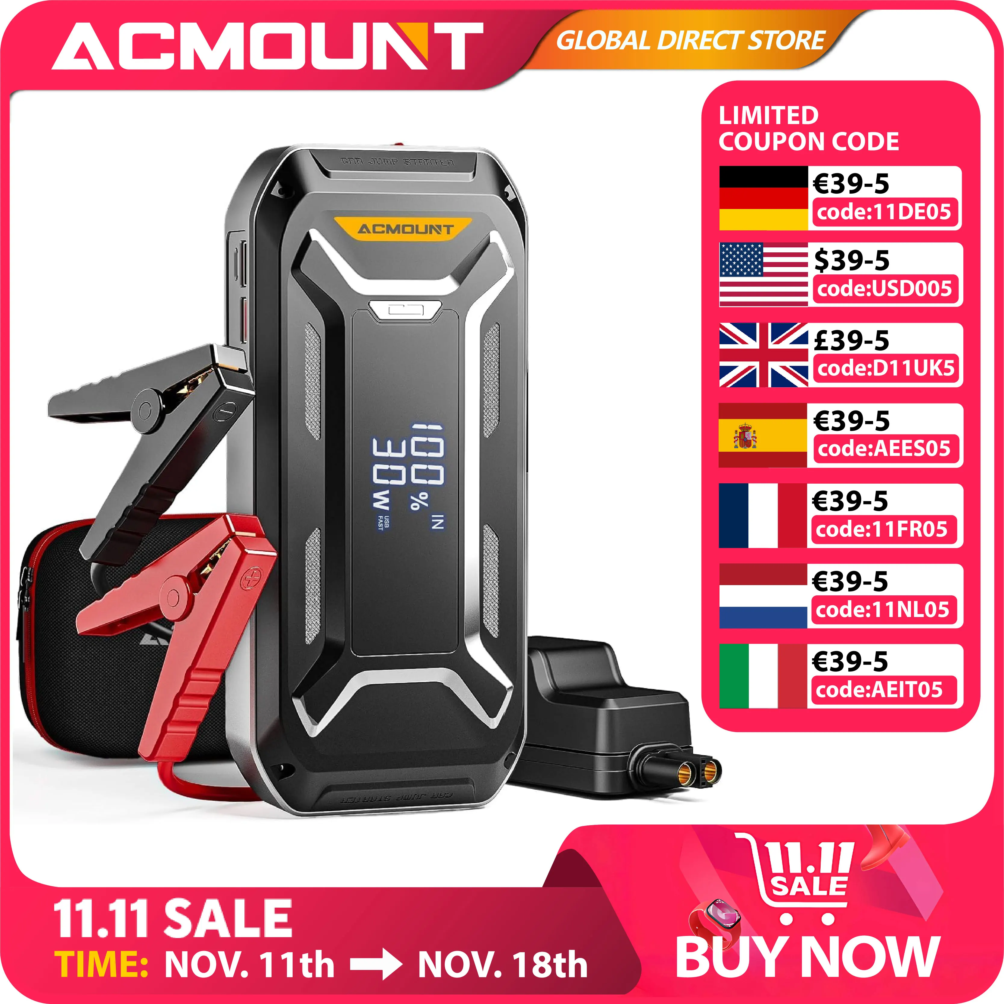 ACMOUNT 5000A Car Jump Starter (All Gas & 10.0L Diesel Engine), 12V Portable Battery Charger