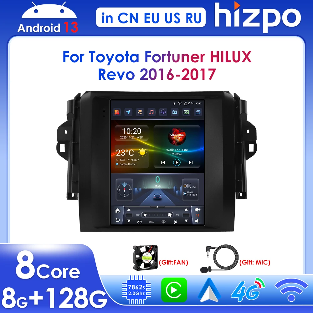 Hizpo Android 13 for Toyota Fortuner HILUX Revo 2016 2017 Wireless Carplay 9.7