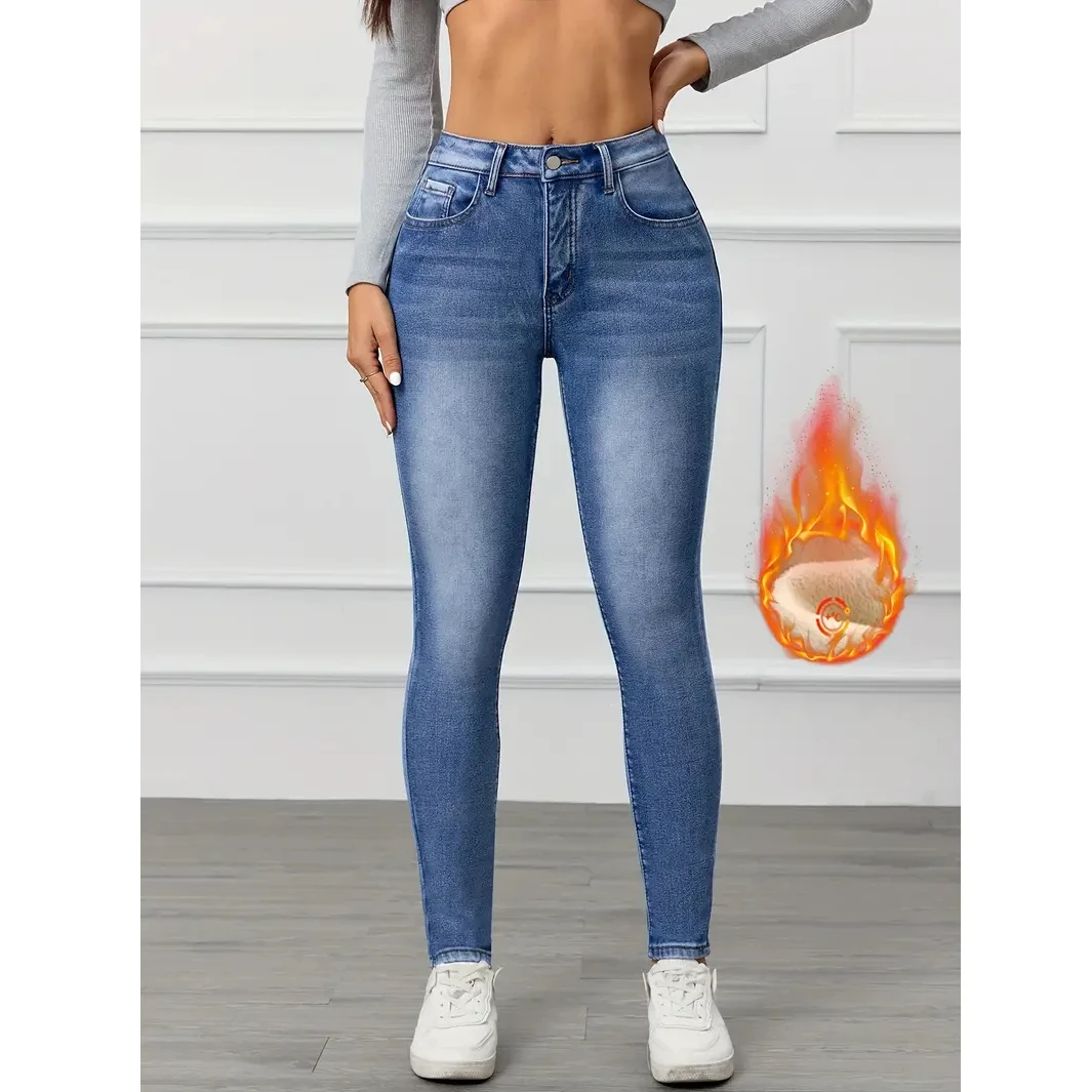 جينز أزرق مغسول Y2K عصري للنساء سروال دينم قابل للتمدد مريح مناسب للتخسيس تأثير شتوي مبطن بالصوف على الطراز الحديث #1