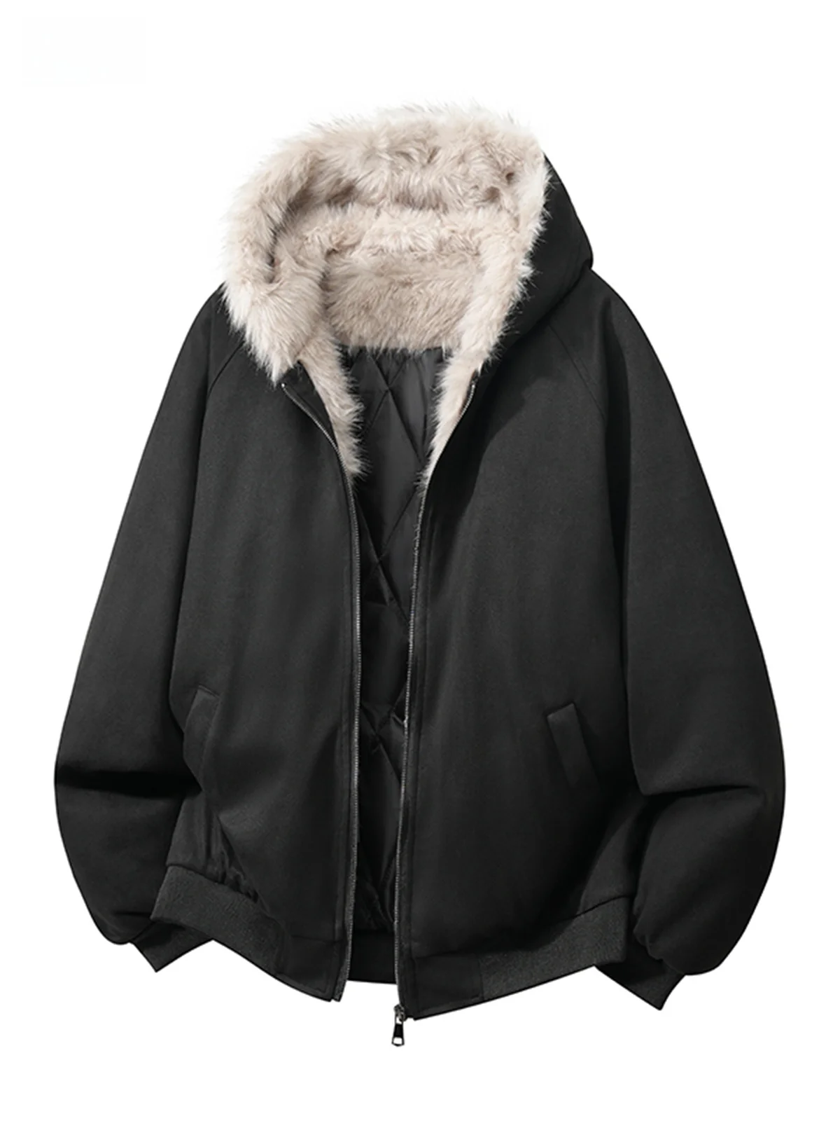 

Retro Faux Fur Hooded Cotton Jaet Men's Trendy Bla High-End Casual Outerwear Winter Color Warmth Polyester Fiber