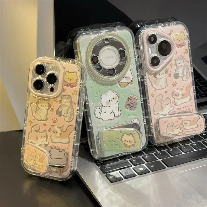 

Чехол для телефона для iphone 16 15 14 13 12 11 8 7 6 6S X XS XR Mini Pro Max Plus INS Kitten Print Прозрачный чехол с зеркальным держателем