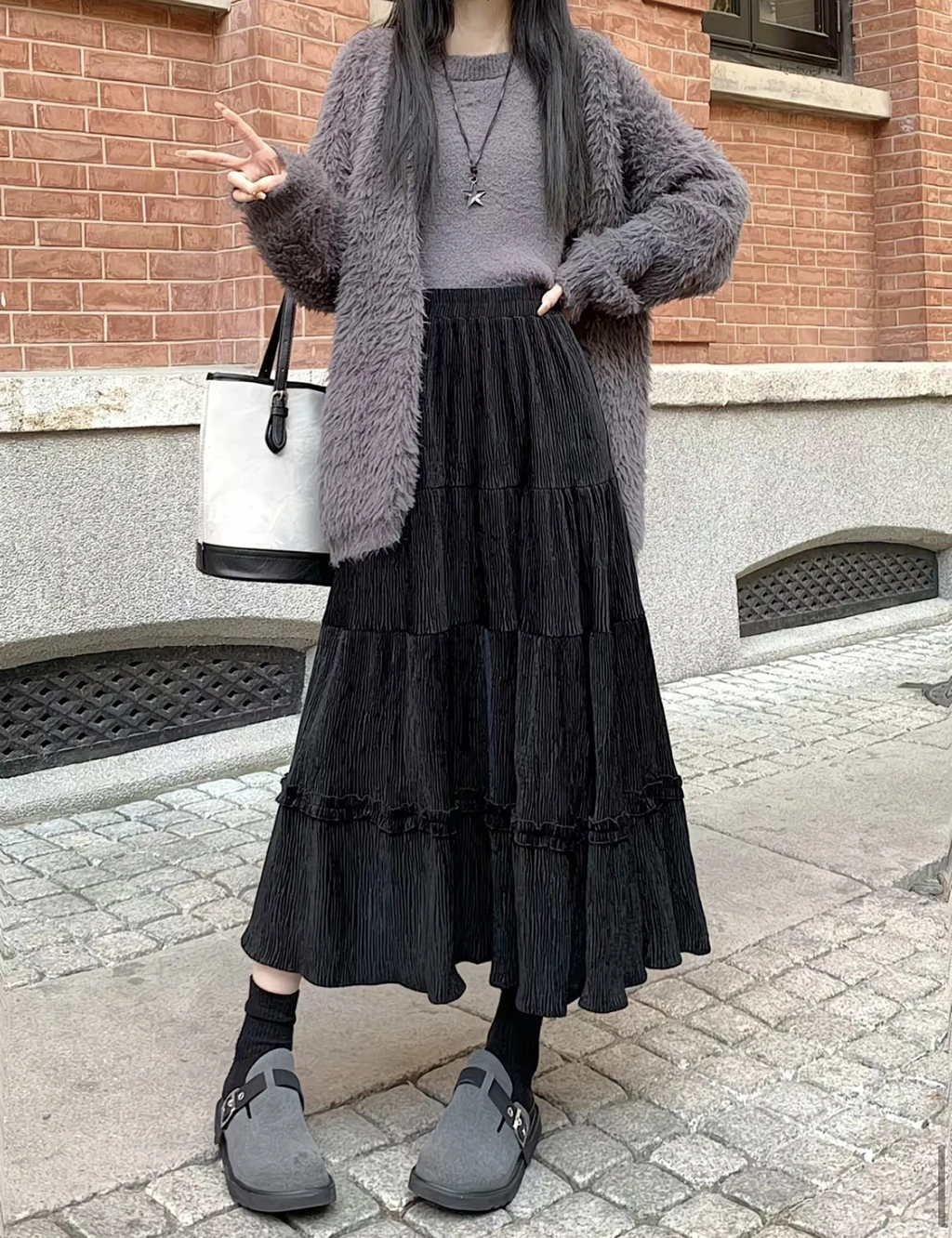 Vestido en capas para mujer para otoño e invierno, vestido retro de pana de longitud media con pastel, vestido suelto de cintura alta